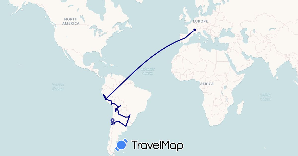 TravelMap itinerary: driving in Argentina, Bolivia, Chile, Spain, France, Peru (Europe, South America)